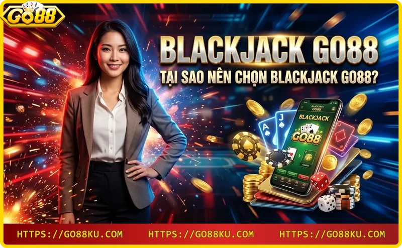 Giao diện Blackjack Go88 trên điện thoại và máy tính, biểu tượng bảo mật và chip vàng